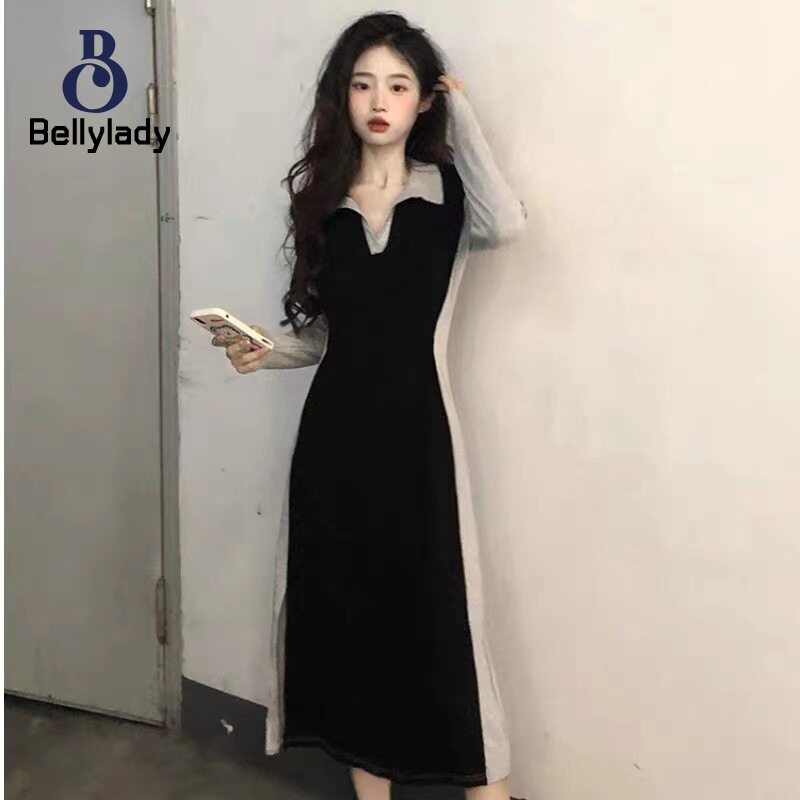 【hot sale】 Women V Neck Dress Trendy Contrast Color Long Sleeves A-line Skirt Casual Elegant High Waist Slimming Dress
