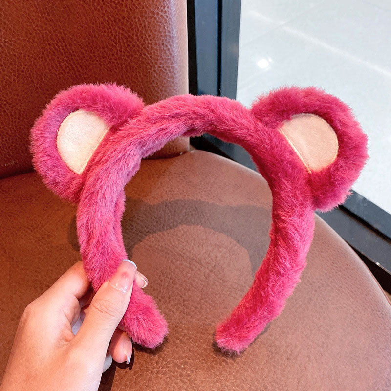 Cute Strawberry Bear Color Hairband for Women Rose Red Pink Bear Ears Hair Hoop Sweet Korean Style Wash Face Makeup Hair Band Female Hair Accessories