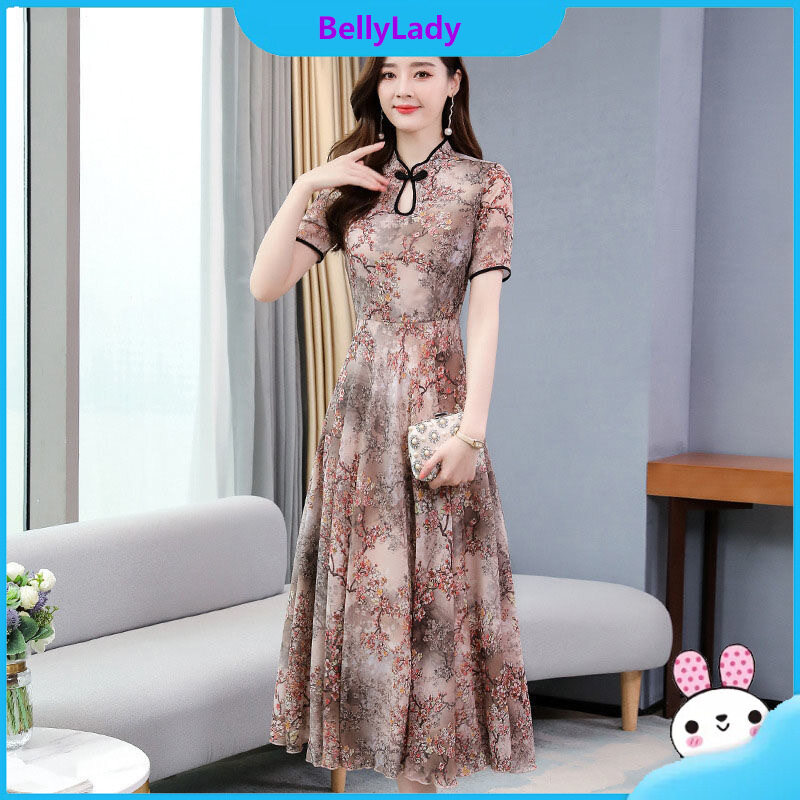 Women Summer Cheongsam Dress Short Sleeves Printing A-line Skirt Large Size Loose Midi Skirt