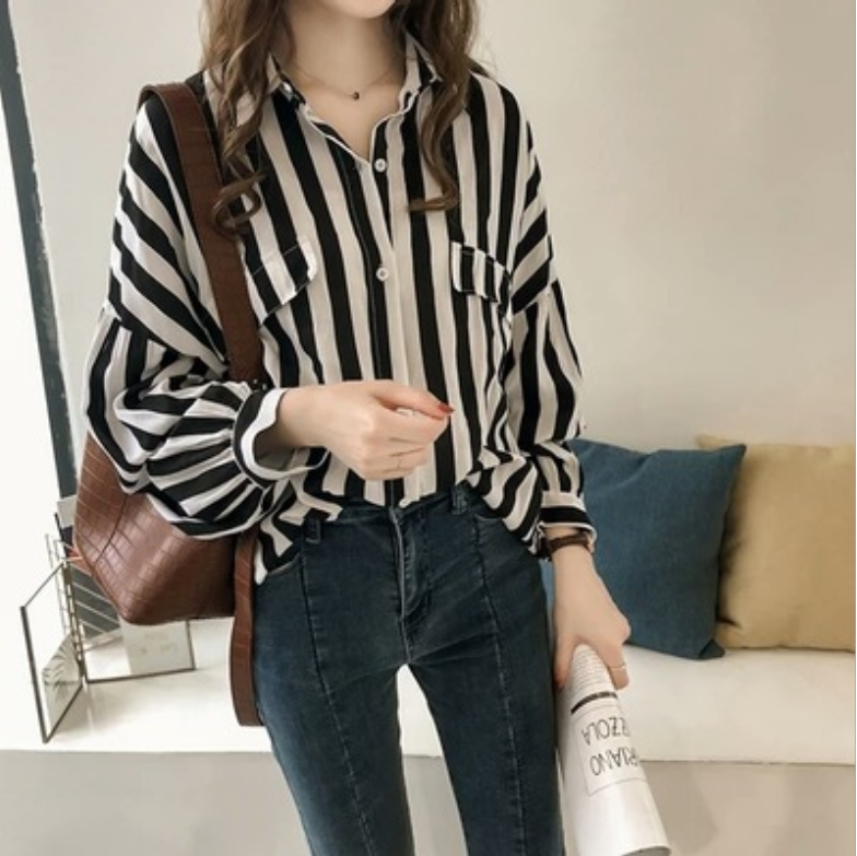 EDQRDQ Women's Fashion Plus Size Blouse Green Stripe Loose Long Sleeve Shirts Tops