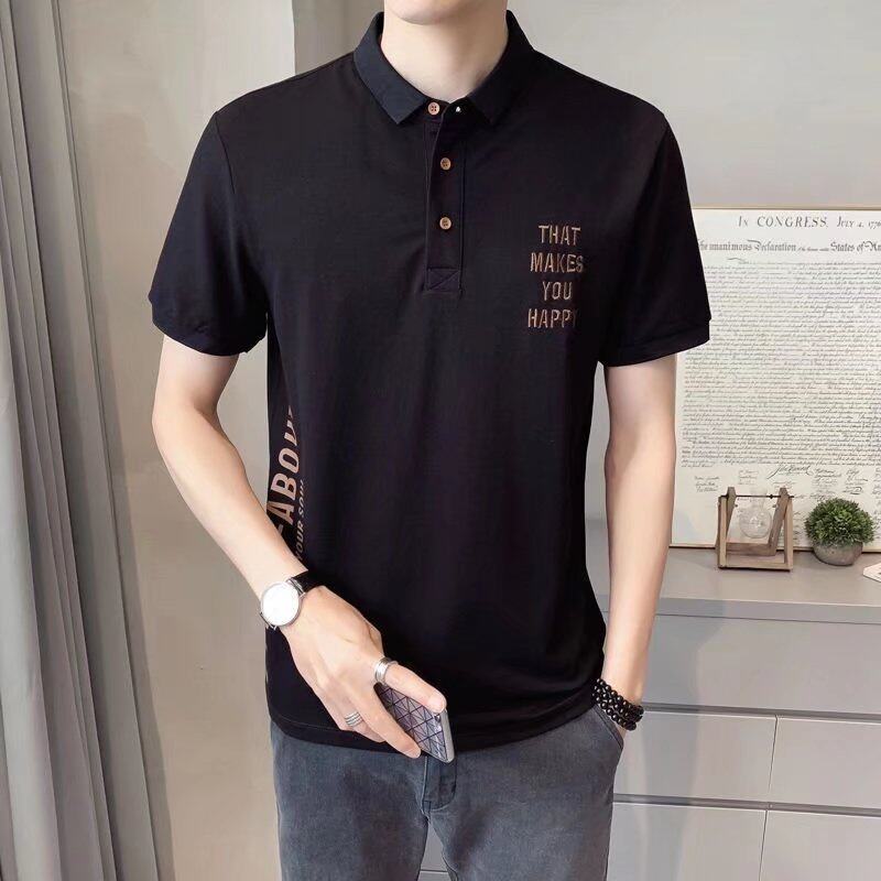 t shirt Men Polo Neck Korean Style Oversize Short Sleeve Letter Print Loose Fashion Tops Casual t-shirt